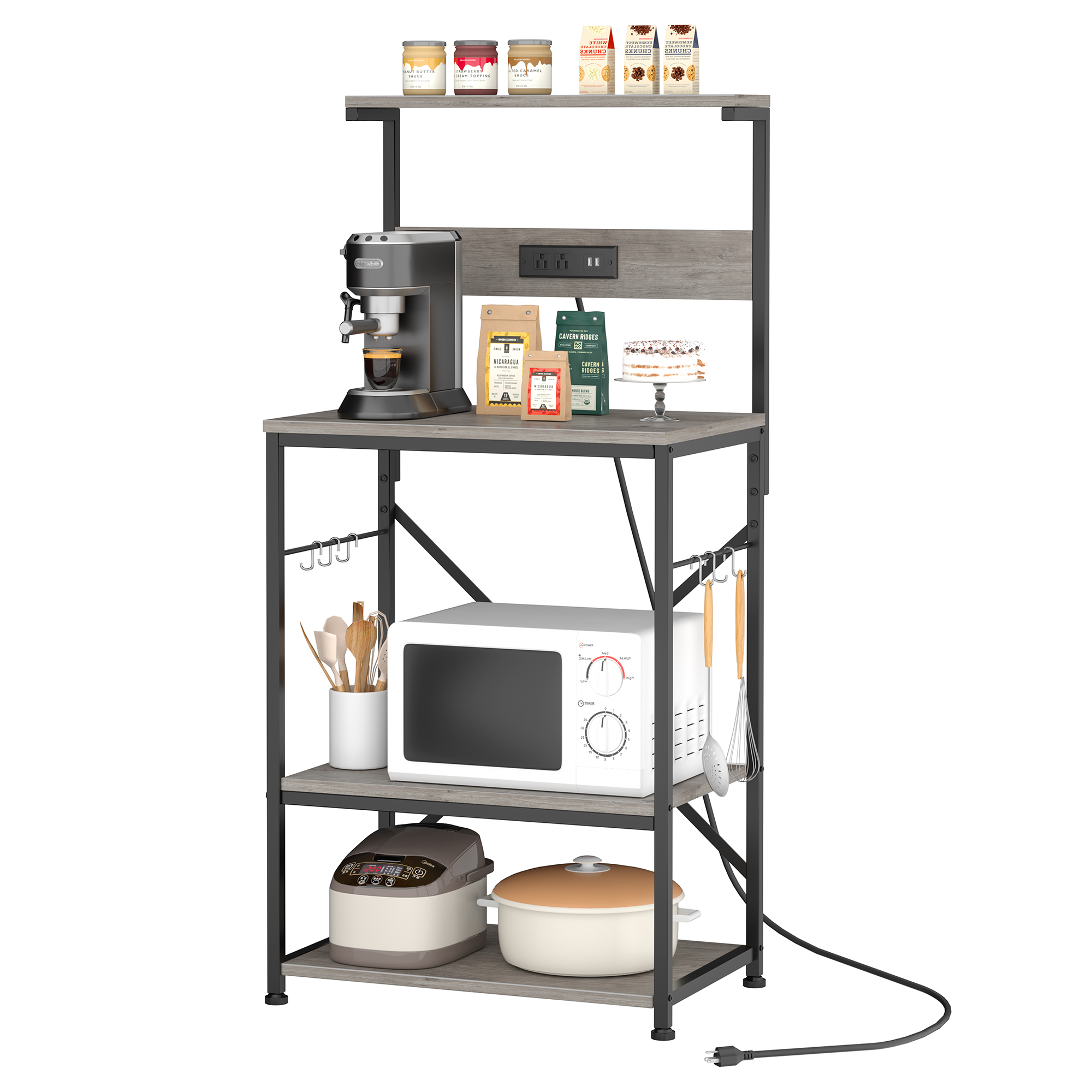 Walsunny Kitchen Bakers Rack with Power Outlet Microwave Stand with 6 S