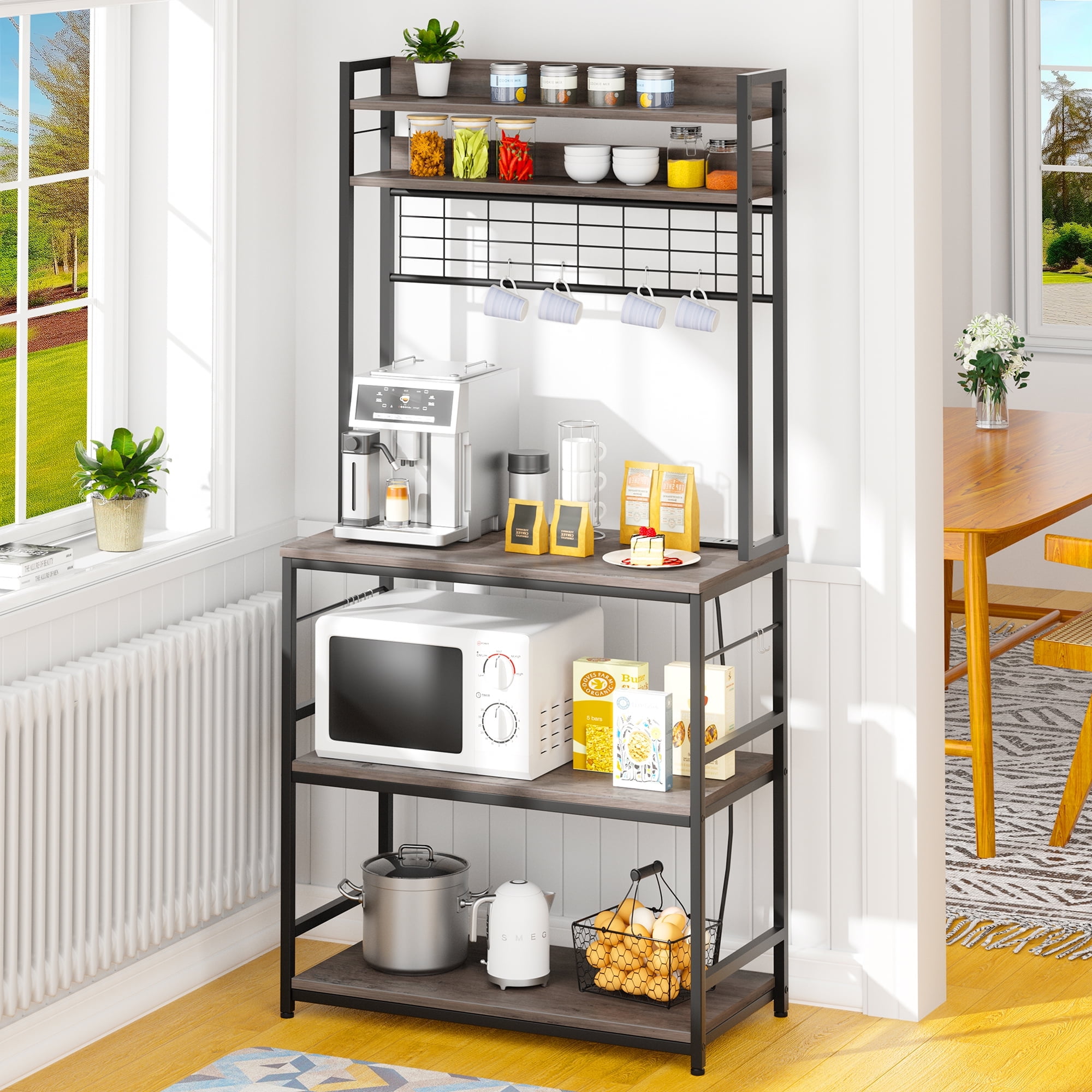 Walsunny Kitchen Bakers Rack with Power Outlet Shelves Versatile Kitchen Storage Furniture with Hooks and Wire Panel Walmart