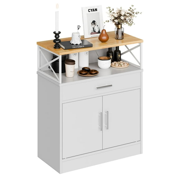 Walsunny Coffee Bar Cabinet with Hutch Small Places Sideboards Buffets Table 31.5" with Drawer Adjustable Shelf Farmhouse Wooden Storage Cabinet for Kitchen Dining Room Entryway White