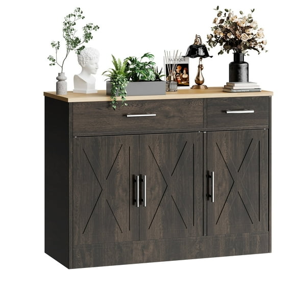 Walsunny Sideboards Buffets Cabinet Table 42.5" with 2 Drawers 3 Doors Adjustable Shelf Farmhouse Coffee Bar Cabinet with Storage for Kitchen Living Room Dining Room Brown