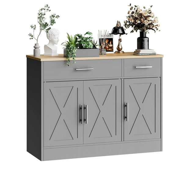 Walsunny Sideboards Buffets Cabinet Table 42.5" with 2 Drawers 3 Doors Adjustable Shelf Farmhouse Coffee Bar Cabinet with Storage for Kitchen Living Room Dining Room Gray