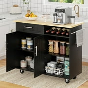Walsunny Kitchen Island Cart with Storage,Rolling Kitchen Island Side Table on Wheels with Large Worktop,Storage Cabinet,Towel Rack and Drawers（Black）