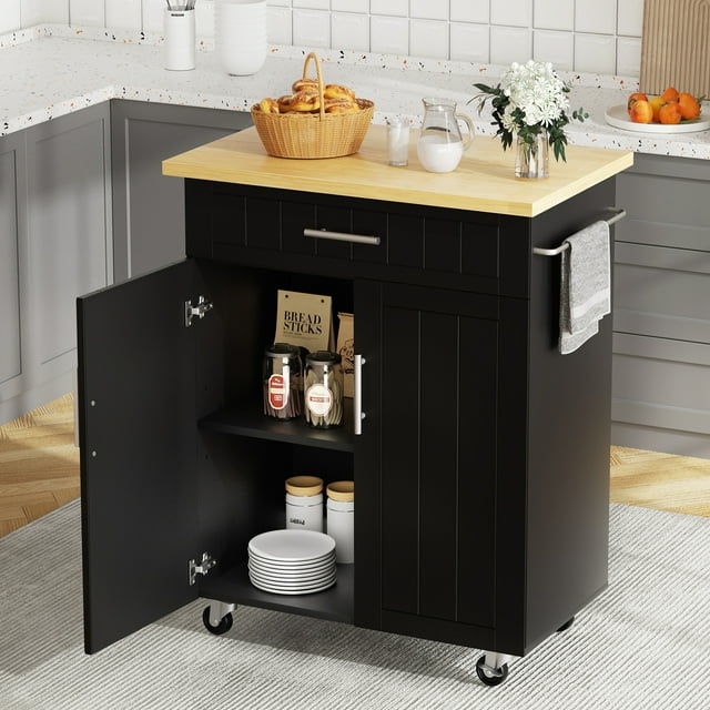 Walsunny Kitchen Island Cart on Wheels, Kitchen Cart with Drawer and Countertop, 2 Doors Storage
