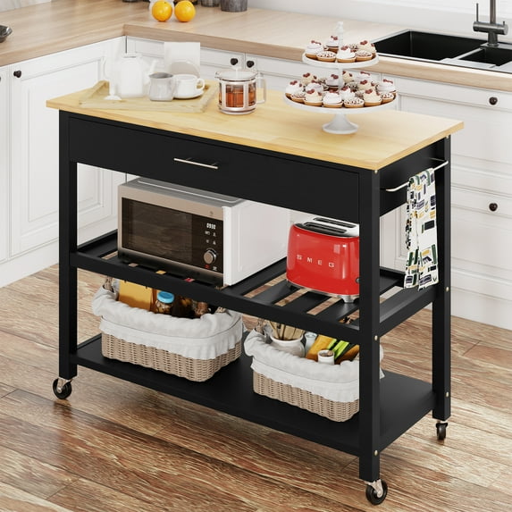 Walsunny Kitchen Island with Locking Wheels, 39.76 "Dining Rolling Cart Dining with Large Capacity Storage Drawers and 2 Levels of Open Spacious Shelves, Towel Rack(Black)
