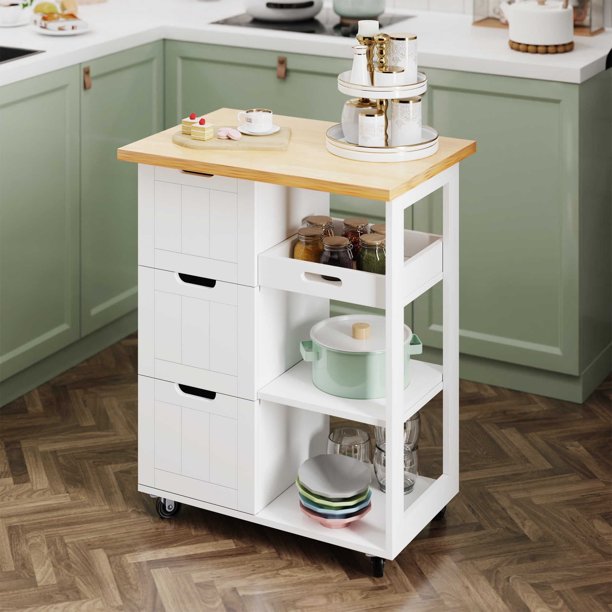 Walsunny Kitchen Island, Rolling Kitchen Storage Cart with 3 drawers 3