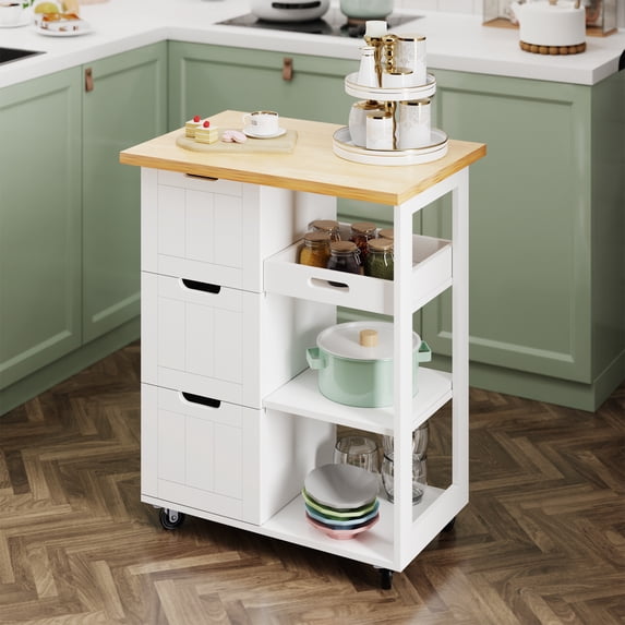 Walsunny Kitchen Island, Rolling Kitchen Storage Cart with 3 drawers 3 Level Open Wooden shelving Counter tops, Coffee Bar(White)