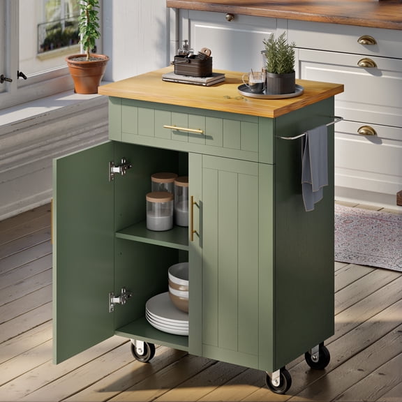 Walsunny Kitchen Island Table Stand with Storage on Wheels,Rolling Kitchen Cart Storage Cabinet with Drawer,Green