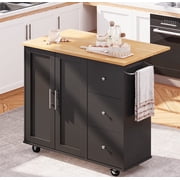 Walsunny 40 Kitchen Islands Carts with Storage Drop Leaf Countertop on Wheels Rolling Microwave Utility Carts with 3 Drawers 1 Storage Cabinets,Black