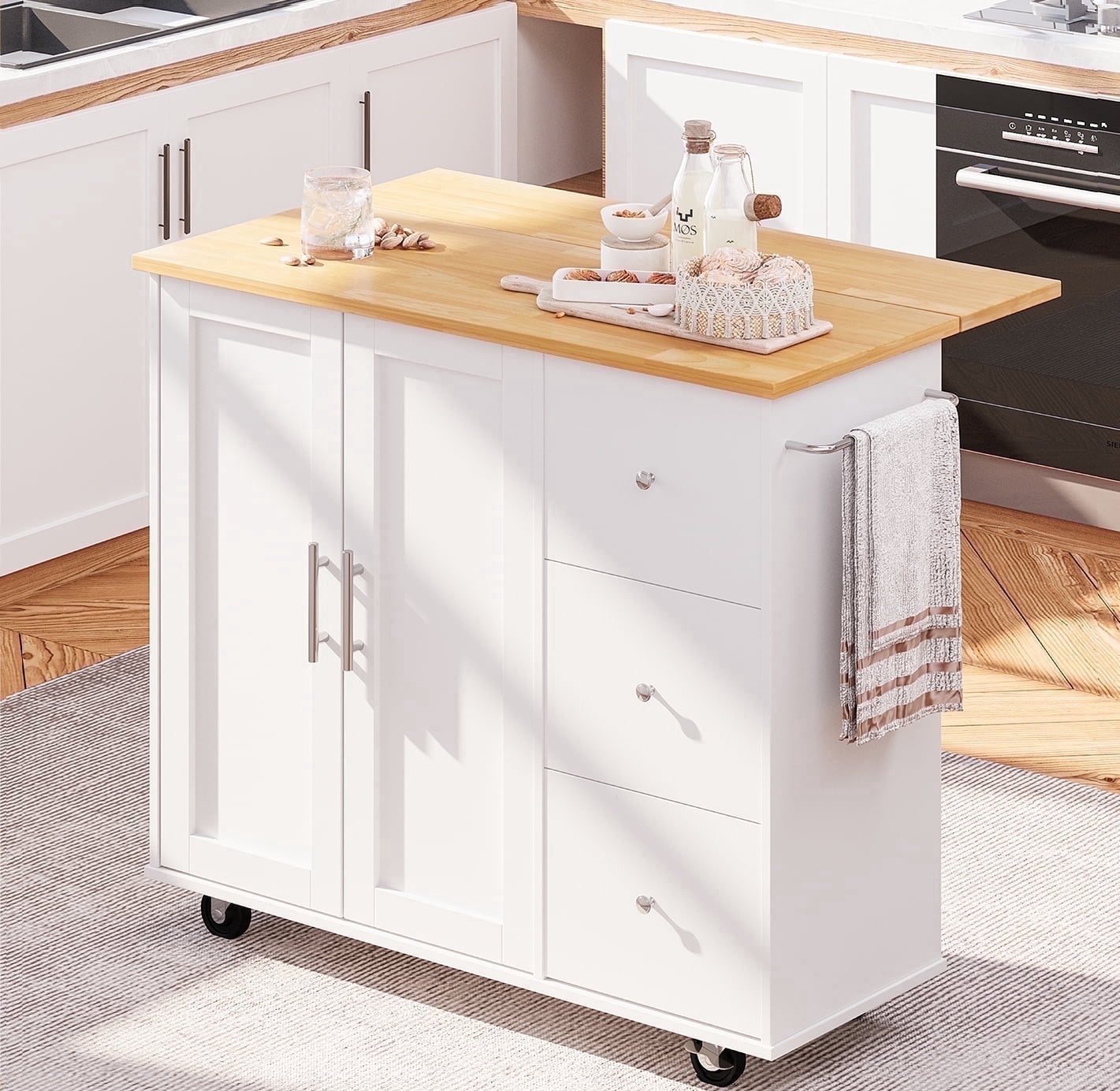 Walsunny 40" Kitchen Islands Carts with Storage Drop Leaf Countertop on Wheels Rolling Microwave Utility Carts with 3 Drawers 1 Storage Cabinets,White