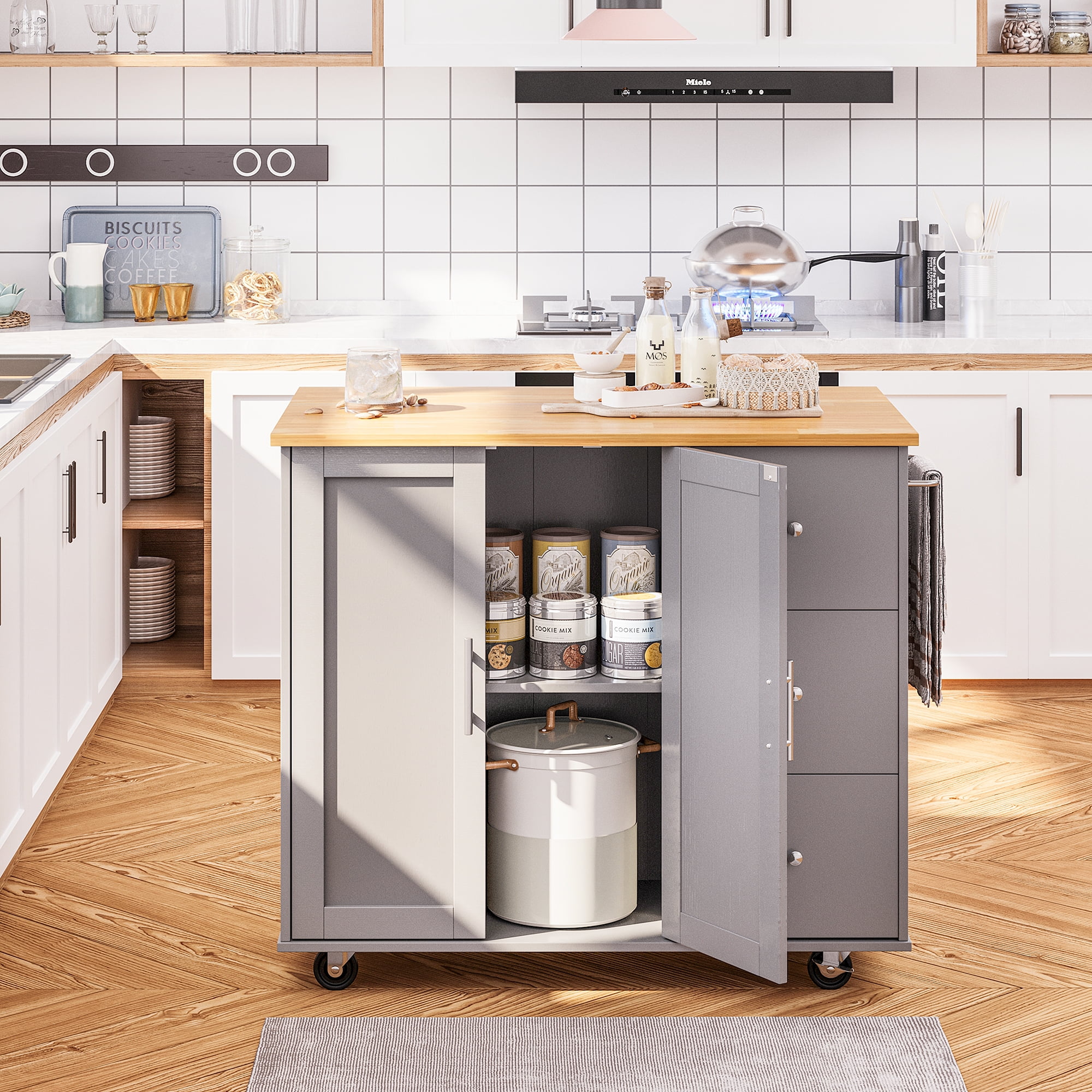 Walsunny Kitchen Island on Wheels with Storage & 3 Drawer, 39.7