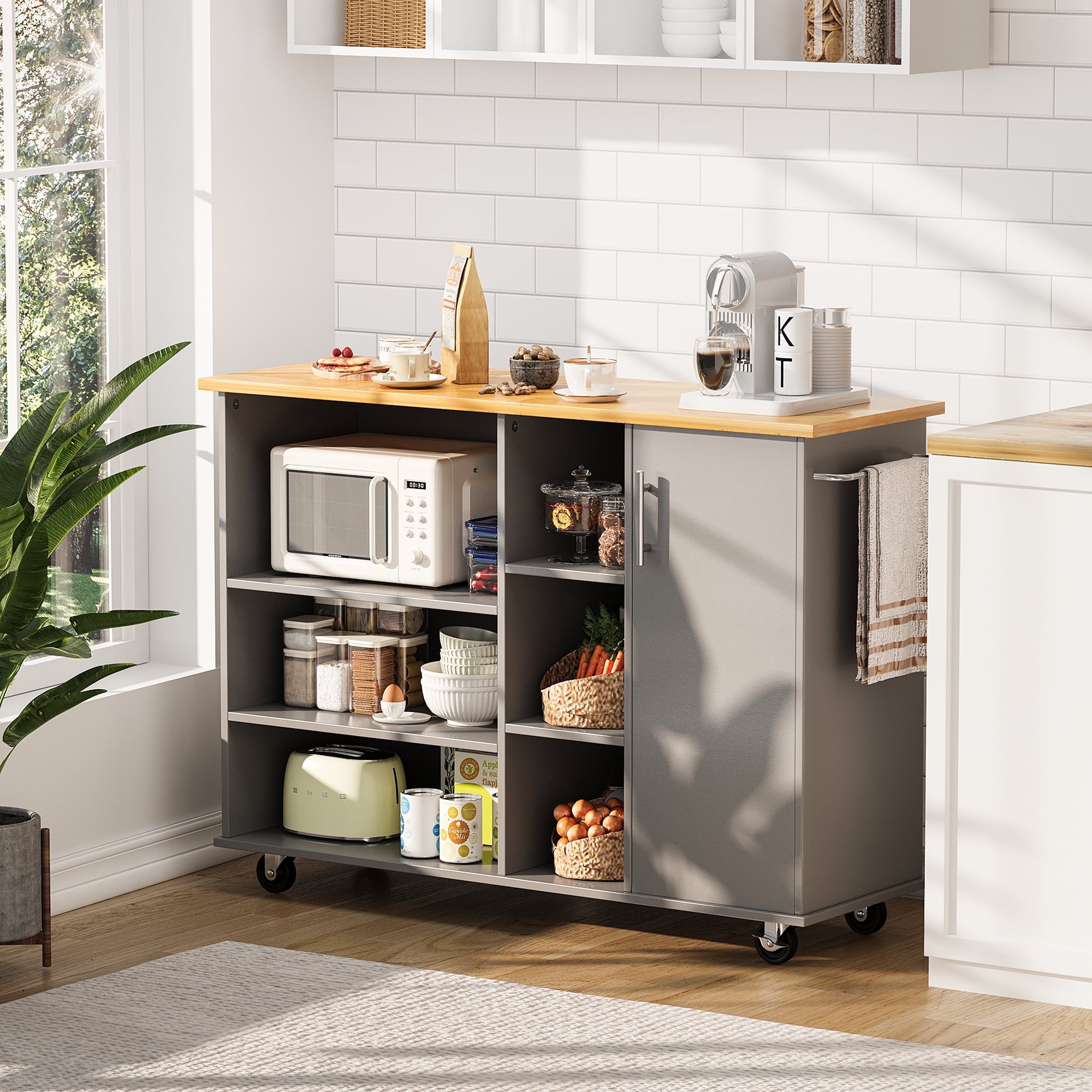 Walsunny Kitchen Island on Wheels with Storage Cabinet & Drawer, 47.4" Large Kitchen Cabinet with Open Shelves Grey