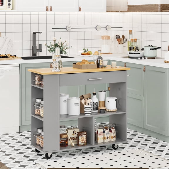 Walsunny Kitchen Island on Wheels with Storage Cabinet, Rolling Cart Kitchen Walsunny Storage Organizer with/3 Side Spice Rack Grey