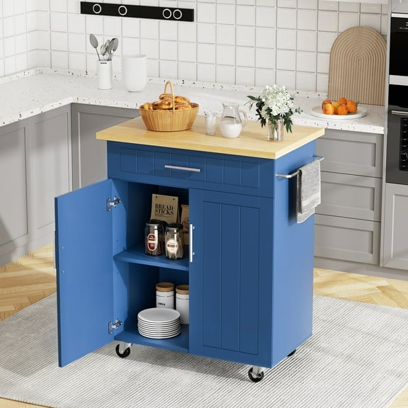 Walsunny Kitchen Island Table Stand with Storage on Wheels,Rolling Kitchen Cart Storage Cabinet with Drawer,Blue