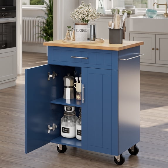 Walsunny Kitchen Island Table Stand with Storage on Wheels,Rolling Kitchen Cart Storage Cabinet with Drawer,Blue