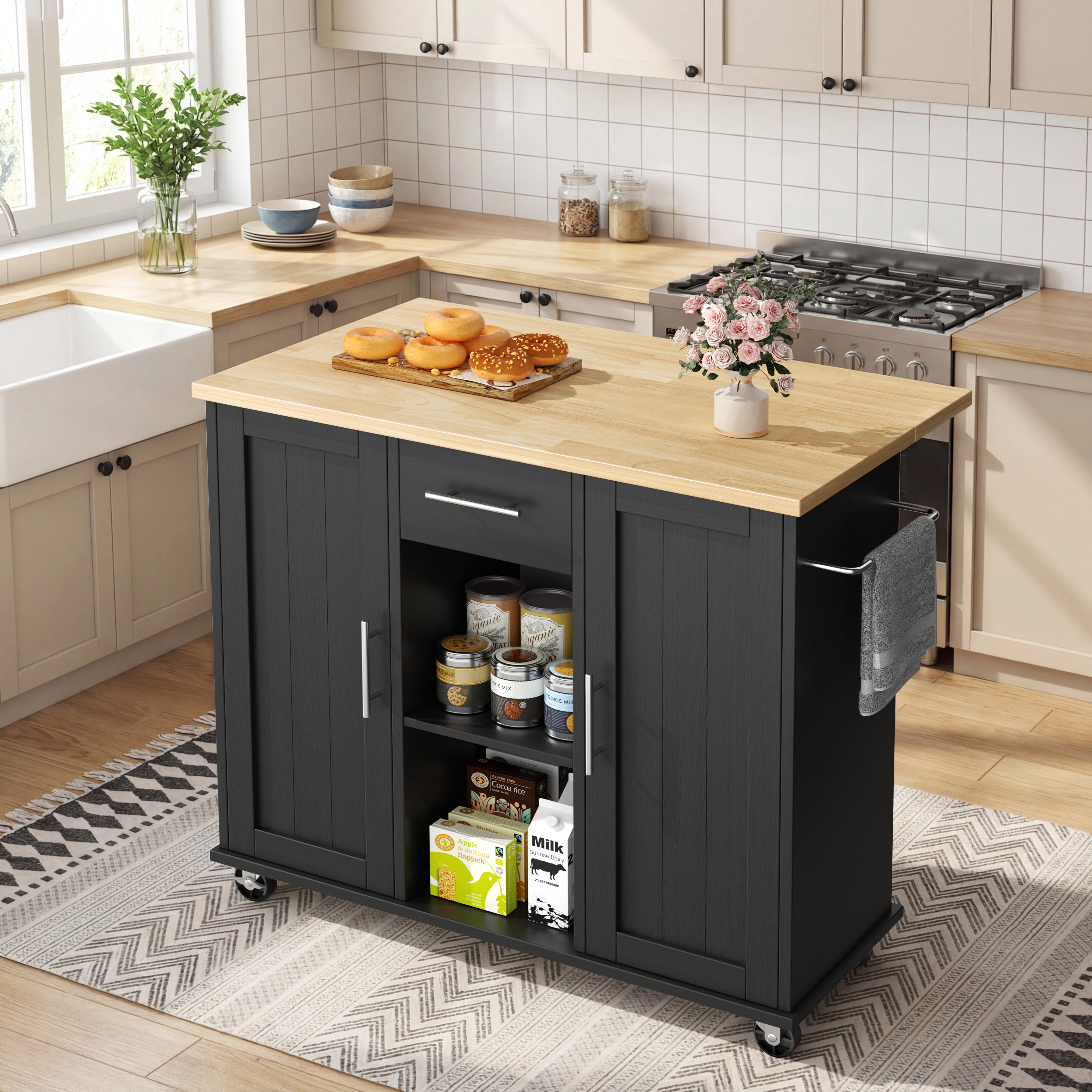 Walsunny, Kitchen Islands Cart, Black with Drop Leaf, 1 Drawer