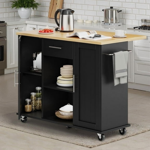 Walsunny Kitchen Islands Carts with Drop Leaf Table 1 Drawer 5 Wheels 2 Magnetic Doors Rolling Storage Cabinet Black