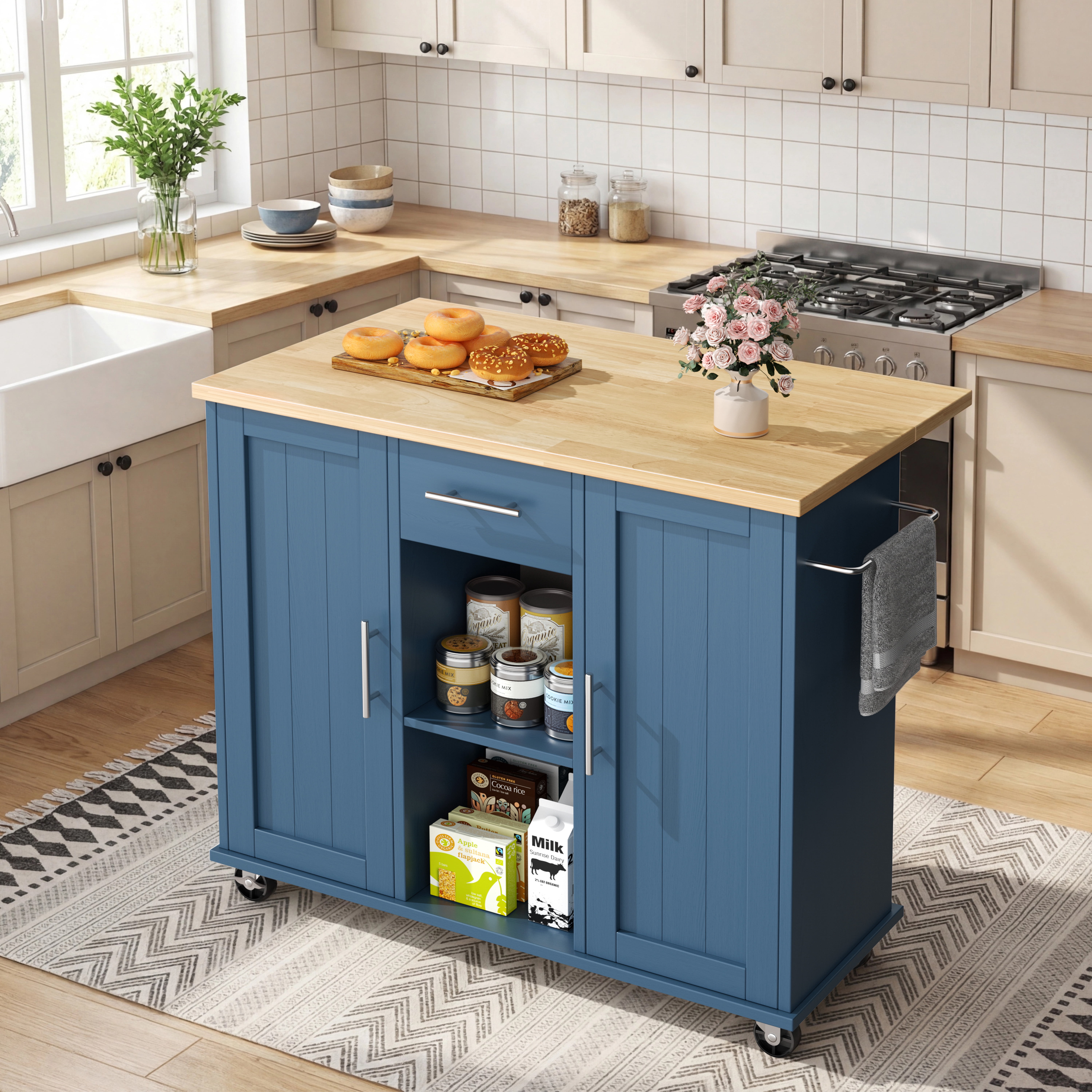 Walsunny Kitchen Islands Carts with Drop Leaf Table 1 Drawer 5 Wheels 2 Magnetic Doors Rolling Storage Cabinet Blue