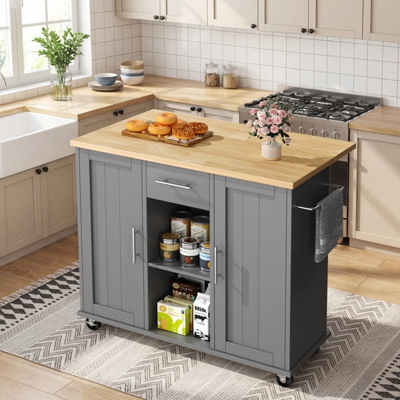 Walsunny Kitchen Islands Carts with Drop Leaf Table 1 Drawer 5 Wheels 2 Magnetic Doors Rolling Storage Cabinet Gray
