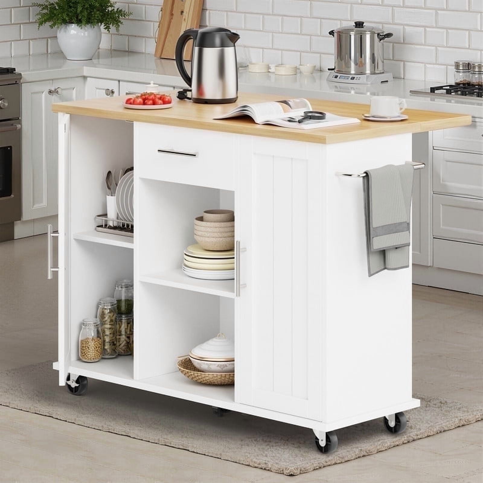 Walmart Black Friday Deals 2025 - Walsunny Kitchen Islands Carts with Drop Leaf Table 1 Drawer 5 Wheels 2 Magnetic Doors Rolling Storage Cabinet White