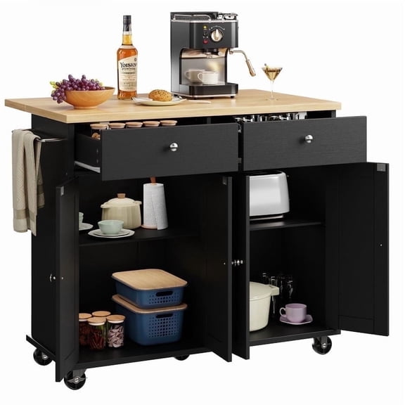 Walsunny Kitchen Islands Carts with Drop Leaf Table 2 Drawers 5 Wheels 4 Magnetic Doors Rolling Storage Cabinet Black