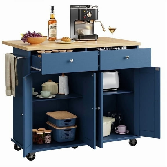 Walsunny Kitchen Islands Carts with Drop Leaf Table 2 Drawers 5 Wheels 4 Magnetic Doors Rolling Storage Cabinet Blue