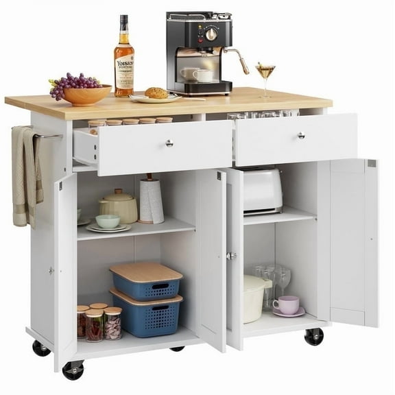 Walsunny Kitchen Islands Carts with Drop Leaf Table 2 Drawers 5 Wheels 4 Magnetic Doors Rolling Storage Cabinet White