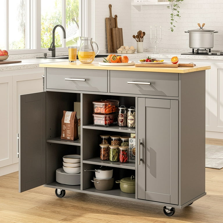 Walsunny Rolling Kitchen Island Cart, 3 Shelves, 2 Drawers, 2