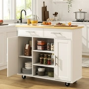 Walsunny Kitchen Storage Island Cart with 3 Open Shelves, 2 Drawers and 2 Cabinets, Kitchen Cart on Wheels with Handle/Towel Rack White