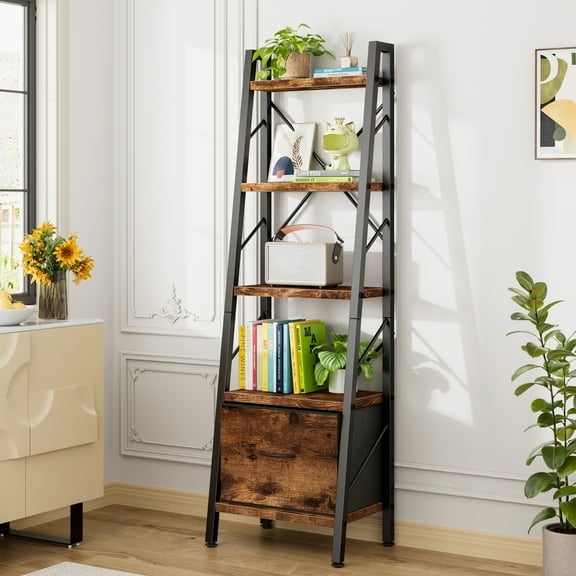 Walsunny Ladder Bookshelf Organizer, Solid Rubberwood Frame, Espresso Finish, 16.7" D x 12" W x 55.7" H