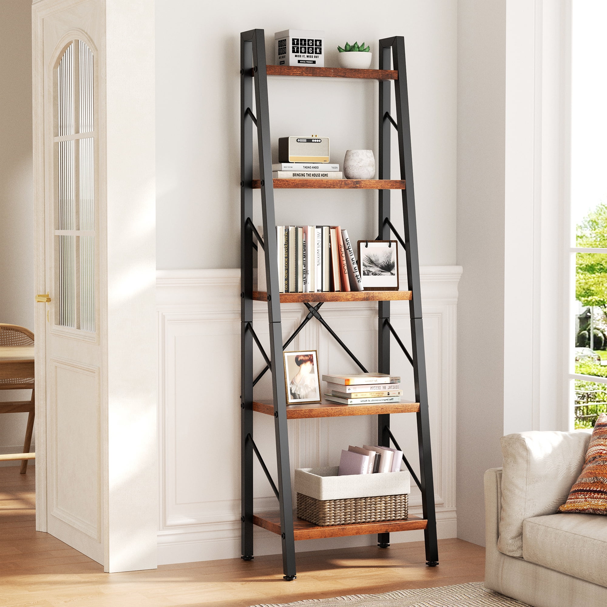 Walsunny Ladder Bookshelf Organizer, Solid Rubberwood Frame, Espresso Finish, 16.7" D x 12" W x 55.8" H
