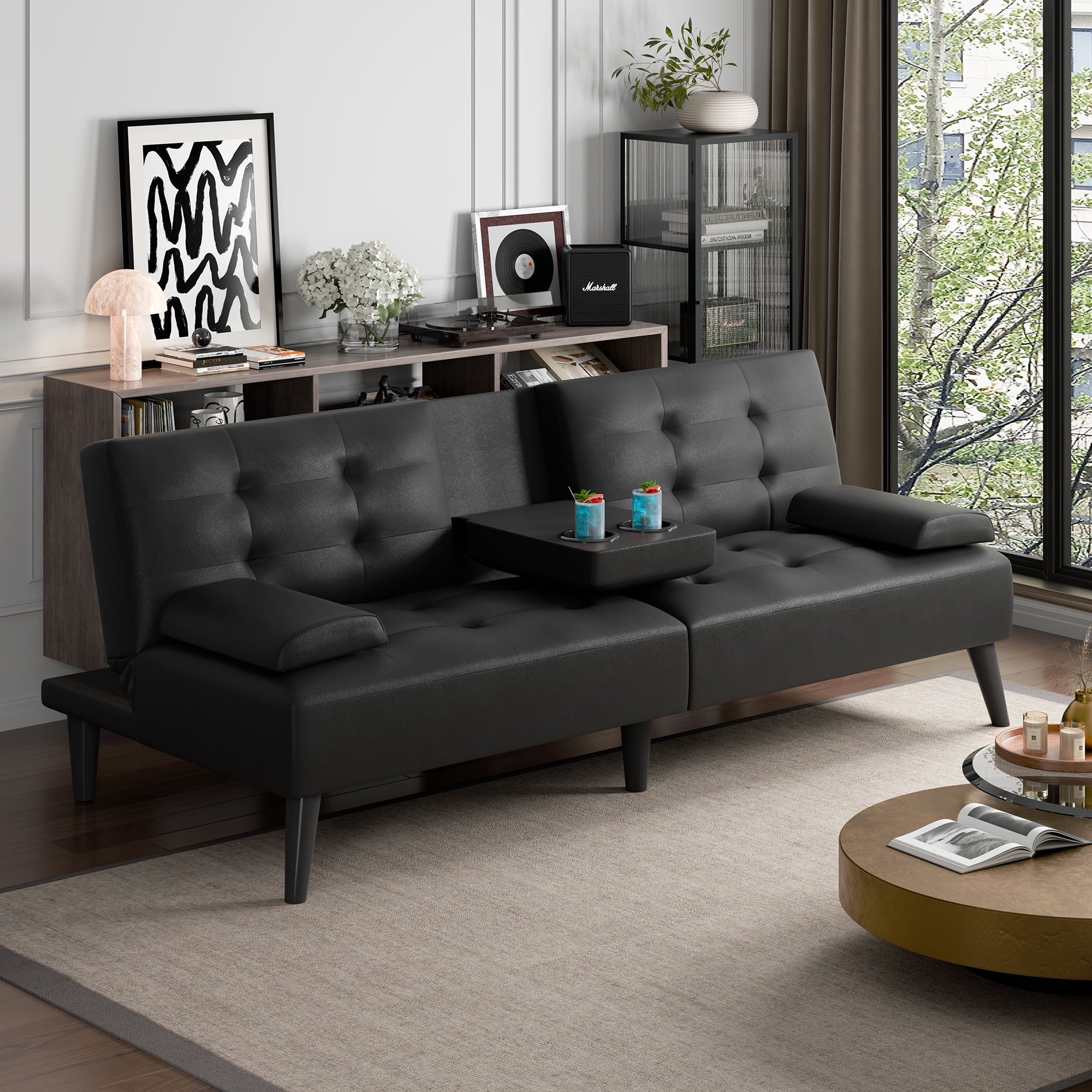 【未使用美品】NEIGHBORHOOD FOLDING SOFA ブラック Walsunny Leather Futon Sofa Bed with Hidden Cup Holders, Modern