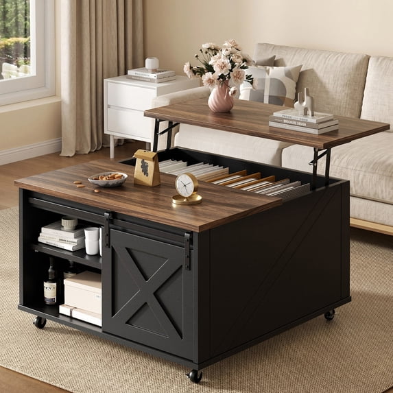 Walsunny Lift Top Coffee Table with Hidden Storage, Farmhouse Coffee Table with Adjustable Storage Shelves & Wheels Black