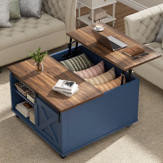 Walsunny Lift Top Coffee Table with Hidden Storage, Farmhouse Coffee Table with Adjustable Storage Shelves & Wheels Blue