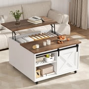 Walsunny Lift Top Coffee Table with Hidden Storage, Farmhouse Coffee Table with Adjustable Storage Shelves & Wheels White
