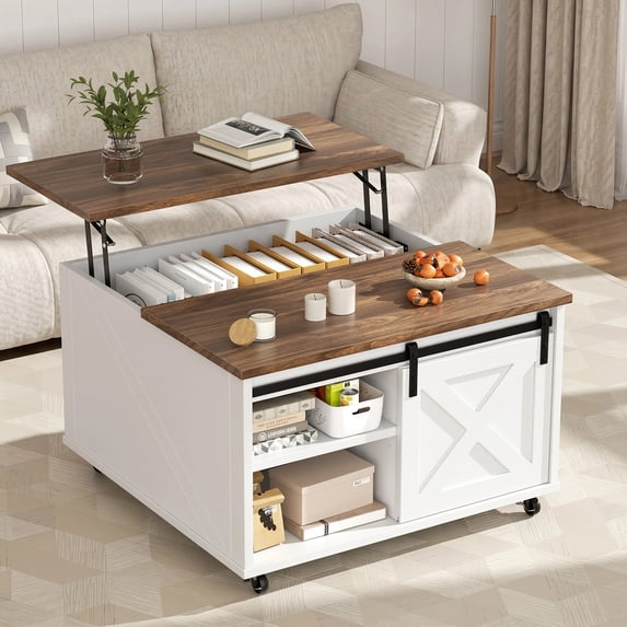 Walsunny Lift Top Coffee Table with Hidden Storage, Farmhouse Coffee Table with Adjustable Storage Shelves & Wheels White
