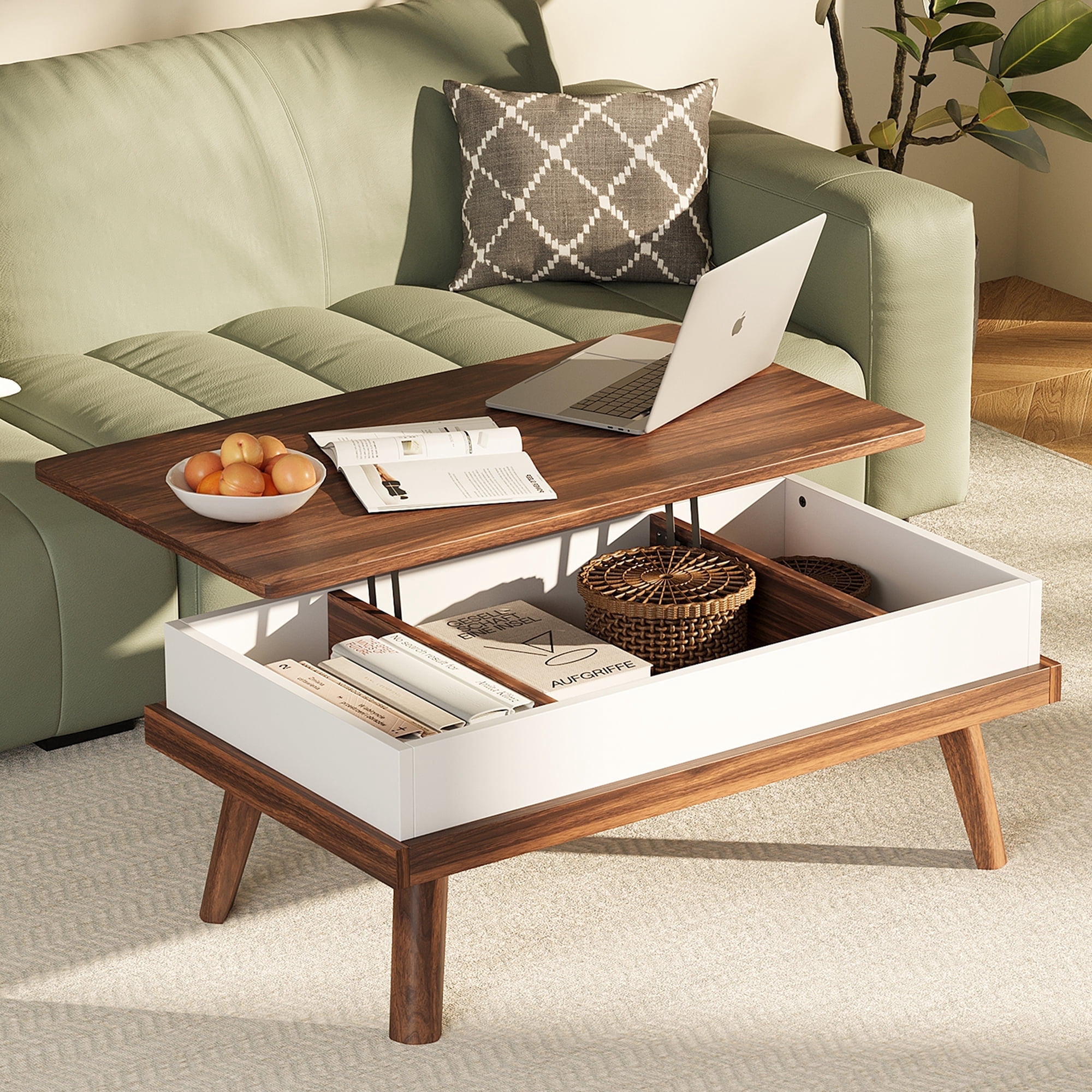 Walsunny Lift Top Coffee Tables Wooden with Storage 39.4" Farmhouse Rustic Wood Coffee Table for Living Room Reception Room Apartment Office Walnut