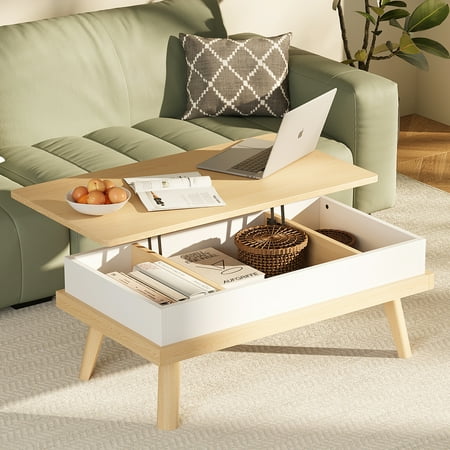 Walsunny Lift Top Coffee Tables Wooden with Storage 39.4" Farmhouse Rustic Wood Coffee Table for Living Room Reception Room Apartment Office Oak