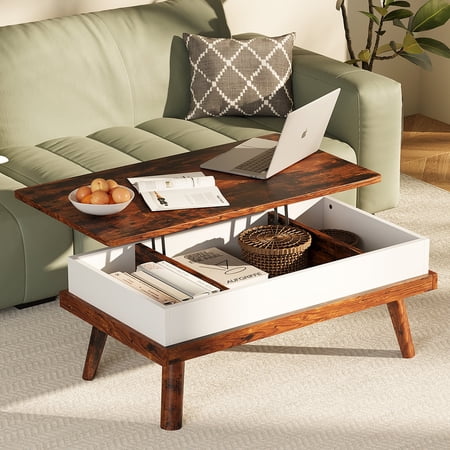 Walsunny Lift Top Coffee Tables Wooden with Storage 39.4" Farmhouse Rustic Wood Coffee Table for Living Room Reception Room Apartment Office Brown