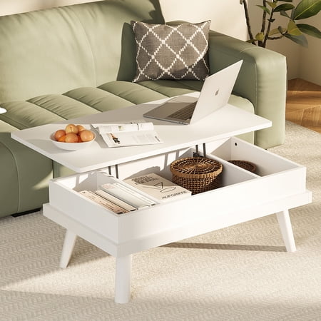 Walsunny Lift Top Coffee Tables Wooden with Storage 39.4" Farmhouse Rustic Wood Coffee Table for Living Room Reception Room Apartment Office White