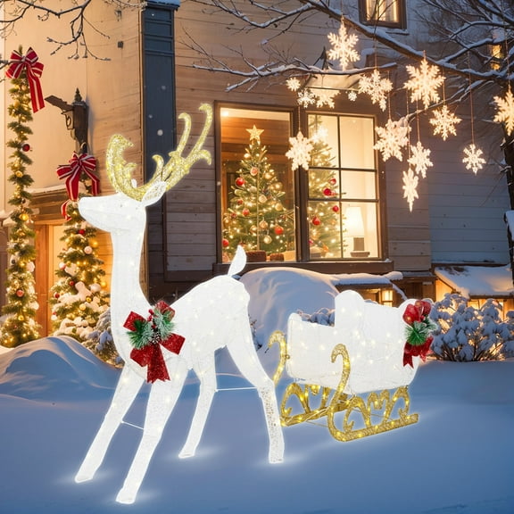 Walsunny Lighted Christmas 4ft Reindeer & Sleigh Outdoor Yard Decoration Set 170 LED Lights, Stakes, Zip Ties, Artificial Xmas Lighted Holiday Decor for Indoor and Outdoor (White)