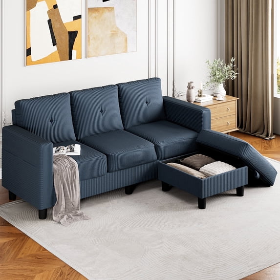 Walusnnu L-Shaped Sectional Sofa Couch, 3-Seat Convertible Sofa with Reversible Chaise, Modern Linen Fabric Couches for Living Room, Apartment and Small Space, Blue
