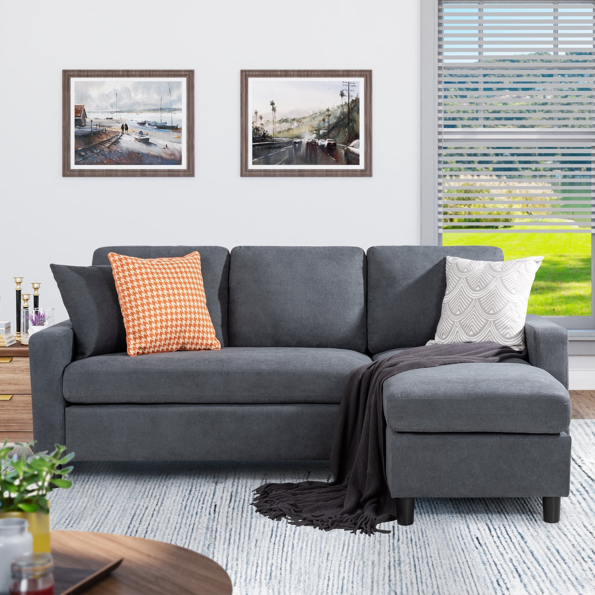 Walsunny Linen Fabric Convertible L Shaped Sectional Sofa Dark Gray Com