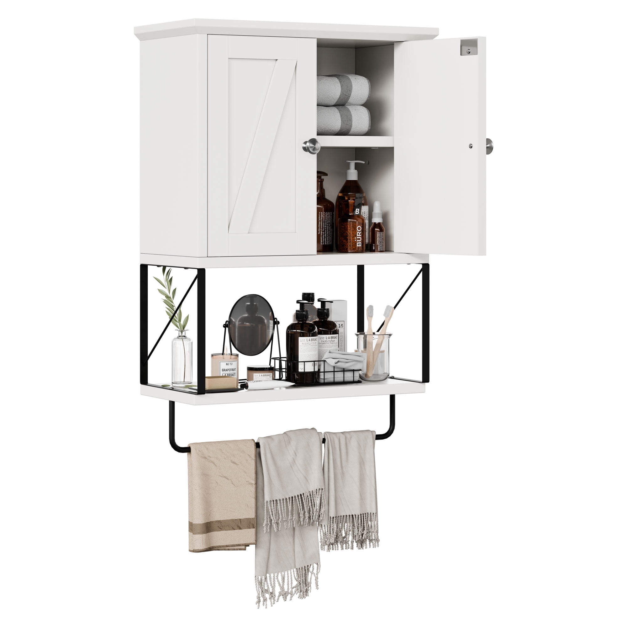 Walsunny Medicine Bathroom Cabinet,Wall-mounted Storage Cabinet, One Completely Open Compartment, with Steel Pipe Rack for Hanging Towels and Kitchen Utensils, Suitable for Kitchen