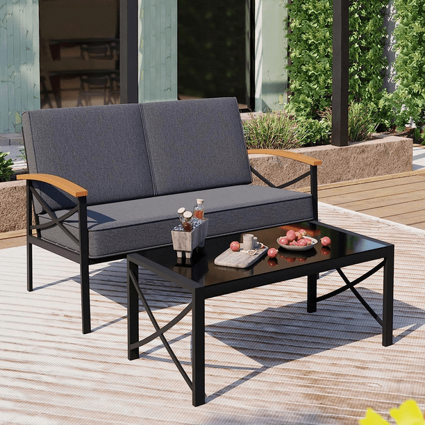 Walsunny Metal Outdoor Patio Furniture Sectional Set 2 Piece Modern Outdoor Metal Loveseat Sofa Conversation Furniture Set