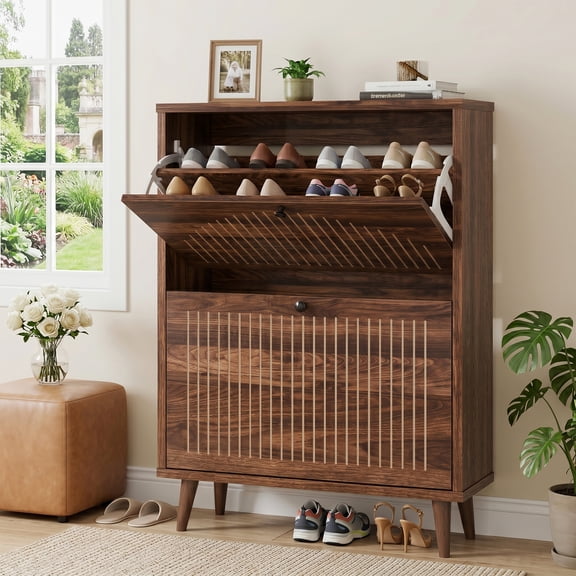 Walsunny Shoe Storage Cabinet with Flip Drawers, Slim Shoe Organizer Cabinet with Adjustable Shelves Wood Shoe Cabinet for Entryway Walnut