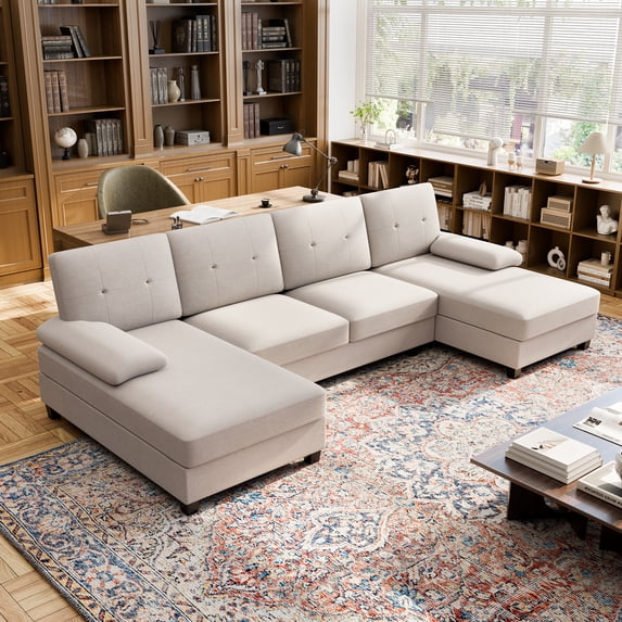 Walsunny Modern U-Shaped Sectional Sleeper Sofa with 4 Deep Seat, Modular Cloud Oversized Sofa Couch with Chenille Fabric & Double Chaise for Apartment, White