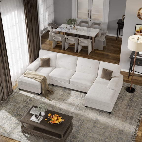 Walsunny Modern U-Shaped Sectional Sleeper Sofa with 4 Deep Seat, Modular Cloud Oversized Sofa Couch with Chenille Fabric & Double Chaise for Apartment, White