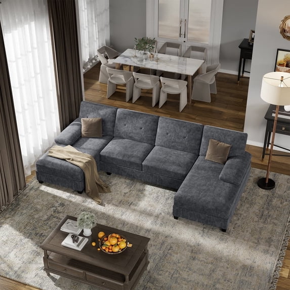Walsunny Modern U-Shape Sectional Sofa for living room, Chenille Fabric Modular Couch, 4 Seat Oversized Sofa with Chaise for Apartment,Dark Gray