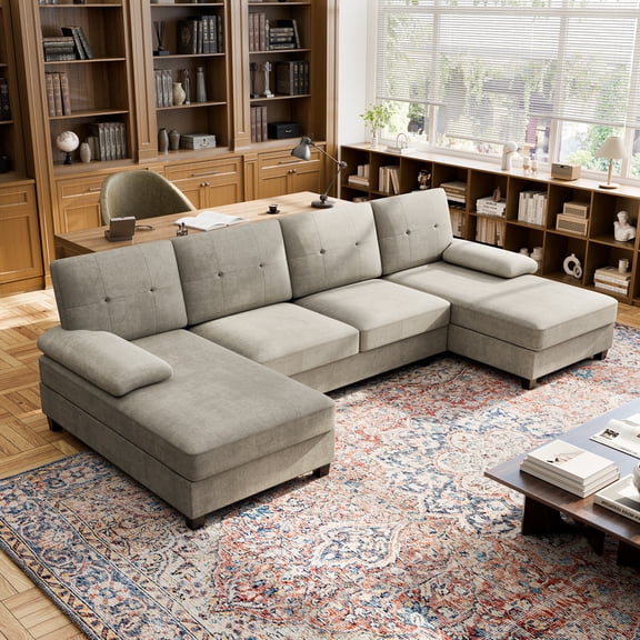 Walsunny Modern U-Shaped Sectional Sleeper Sofa with 4 Deep Seat, Modular Cloud Oversized Sofa Couch with Chenille Fabric & Double Chaise for Apartment, Khaki