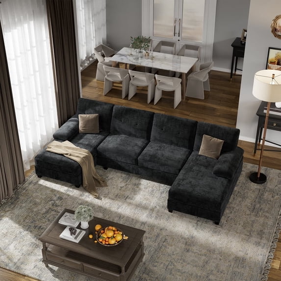 Walsunny Modern U-Shaped Sectional Sleeper Sofa with 4 Deep Seat, Modular Cloud Oversized Sofa Couch with Chenille Fabric & Double Chaise for Apartment, Black